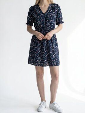 Maison Jules Navy Floral Smocked Waist Dress, Size S